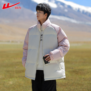 回力立领羽绒棉服时尚百搭冬季加厚保暖撞色外套男女棉衣拼色潮流