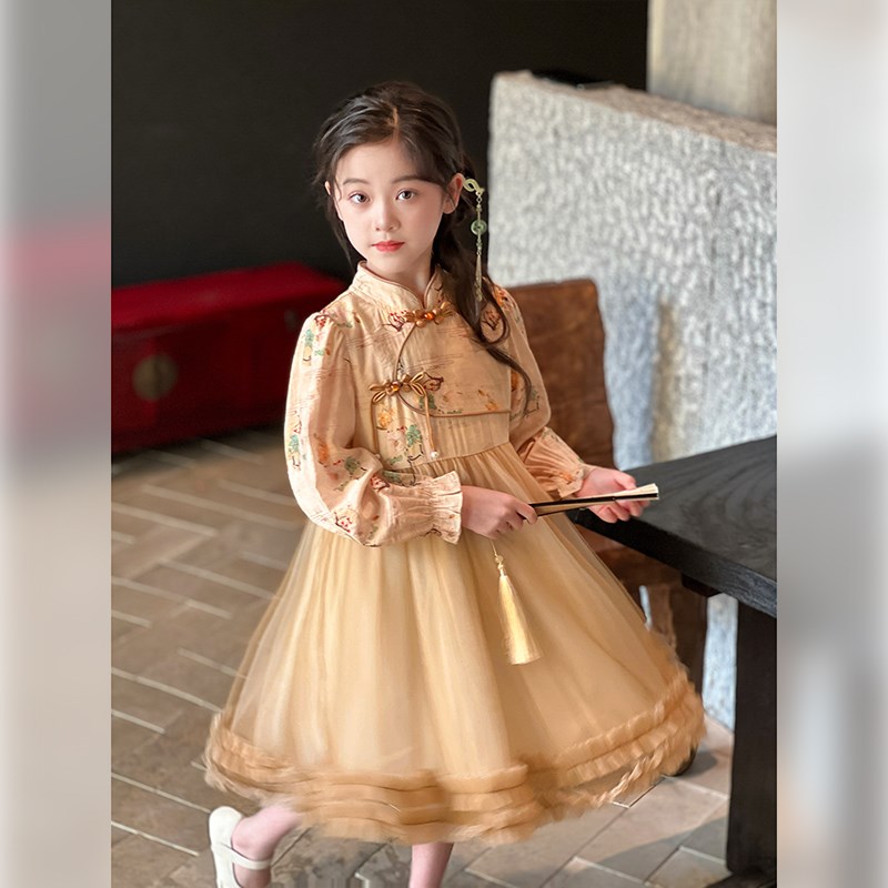 女童汉服2024春季新款儿童裙子新中式长袖网纱连衣裙宝宝国风长裙