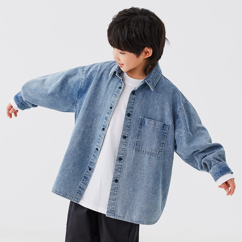 男童春装环保洗水蓝牛仔衬衫儿童春秋衬衣长袖开衫潮童装翻领外套