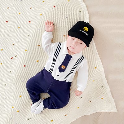 婴儿衣服0一6月男宝宝学院风哈衣洋气外出新生儿绅士连体衣春秋款