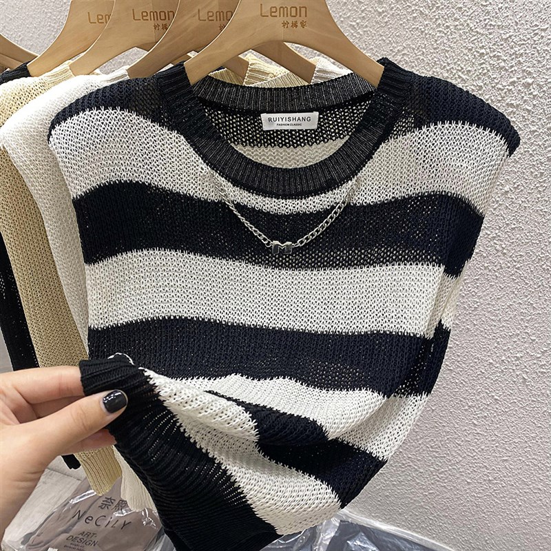 2024条纹针织马甲背心女夏季镂空设计感小众宽松休闲无袖T恤上衣