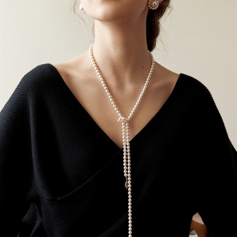 高级感复古法式水钻吊坠奶油澳白多层长款珍珠项链毛衣链多种戴法