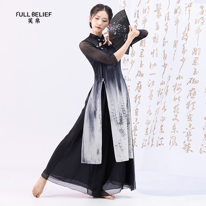 水墨古典舞专用旗袍高开叉弹力舞蹈服中国舞身Q韵纱衣民族舞演出
