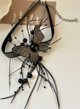 夏拉新款个性黑色闪钻羽毛蝴蝶造型颈链耳夹套装法式黑礼服配饰品