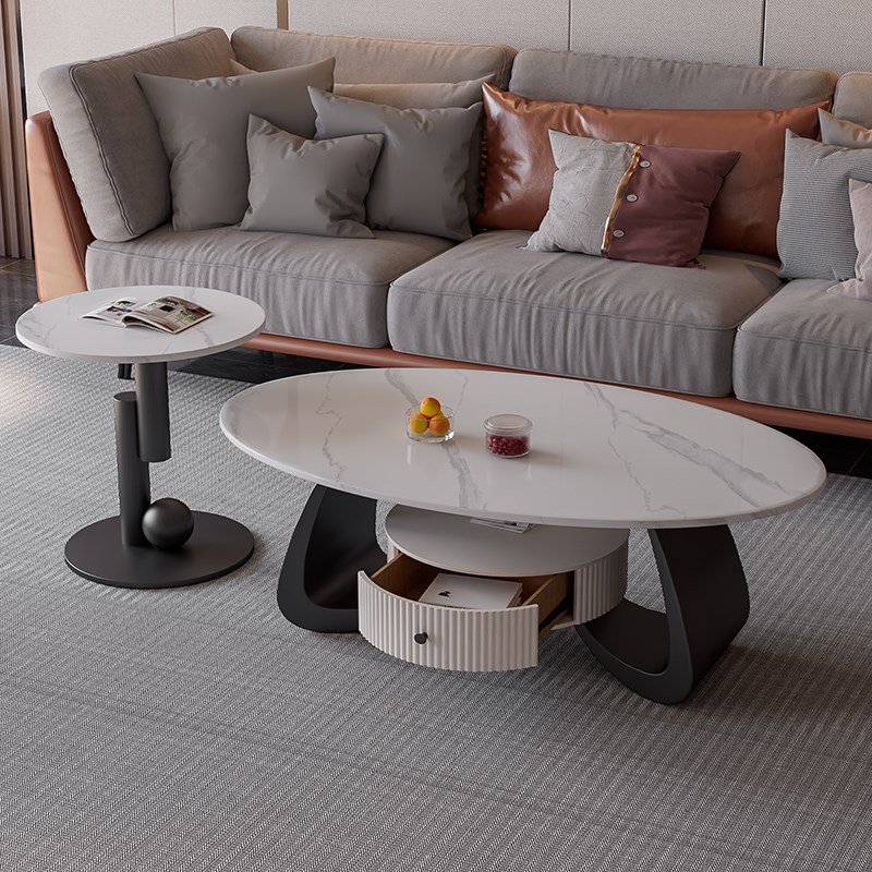 轻奢现代简约客厅家用小户型意式极简椭圆形岩板茶几边桌大小组合