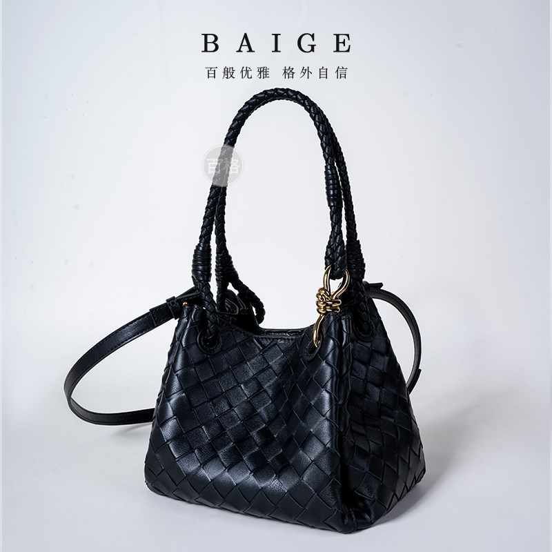 羊皮编织菜篮子新款水桶包女式包包高级感小众单肩手提包斜挎包