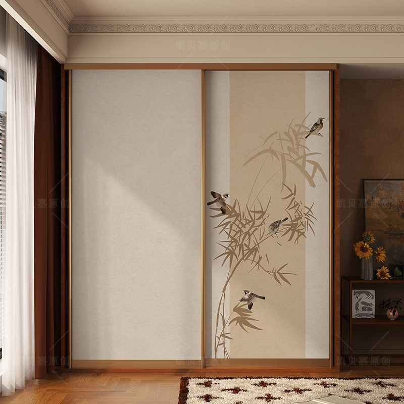 复古中式翻新卧室衣柜推拉门贴纸改造柜子门遮丑自粘壁纸可定制