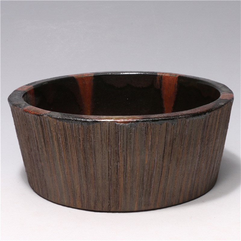 龙砂陶 厂家销售宜兴紫砂粗陶仿木水洗色釉花盆摆件手工制作