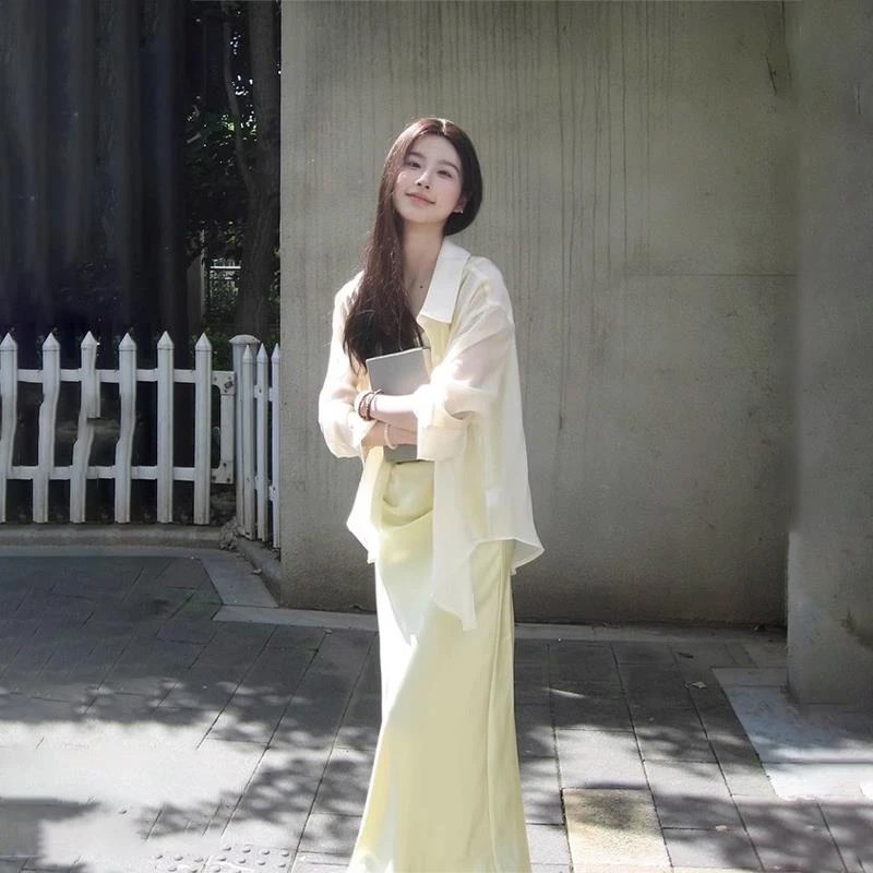 法式高级感气质吊带长裙连衣裙搭配显瘦时尚防晒长袖衬衫两件套装