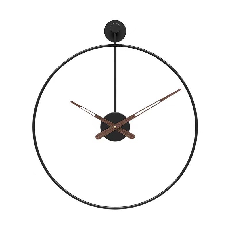 挂钟实木圆环简约高级感家居免打孔客厅胡桃木轻奢挂钟卧室铁艺