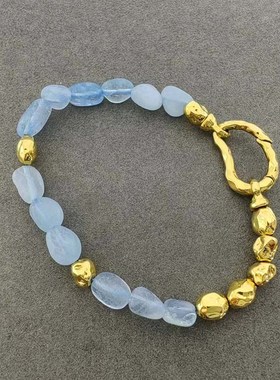 天然海蓝宝石项链欧美小众金色拼接手链真空铜镀金时尚气质串珠