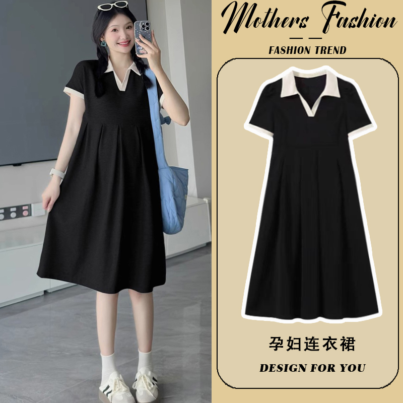 孕妇连衣裙夏季2024新款黑色宽松休闲遮肚时尚洋气薄款短袖中长款