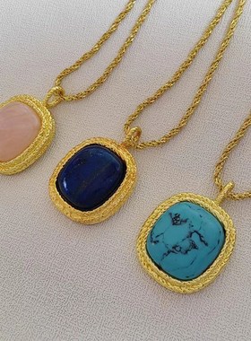 方形中古蓝松石项链镶嵌简约欧美复古粉晶石青金石秋冬长款毛衣链