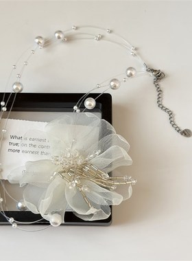 仙气网纱花朵珍珠三层项链个性气质时尚小清新颈链小众设计感项饰