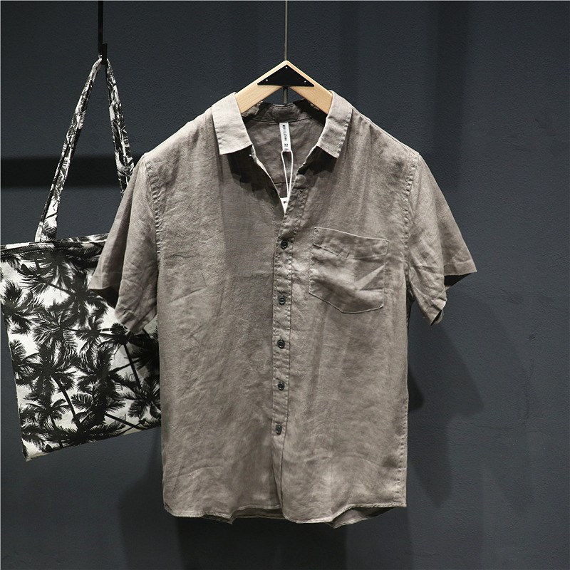 男式纯亚麻半袖衬衫苎麻灰色衬衣2024夏季薄款短袖冰丝开衫五分袖