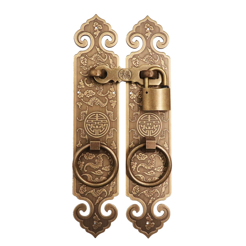 中式仿古纯铜门锁加厚大门拉手花格门雕花门把手拉环锁扣带锁民宿