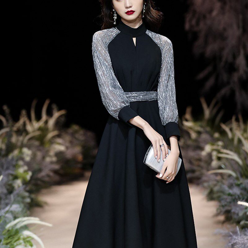 晚礼服黑色新款网纱袖洋气小个子长袖中长裙宽松年会裙弹力连衣裙
