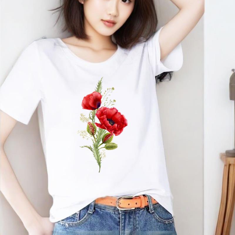 可爱花卉圆领印花打底衫短袖外穿休闲通勤新款时尚洋气ins女T恤