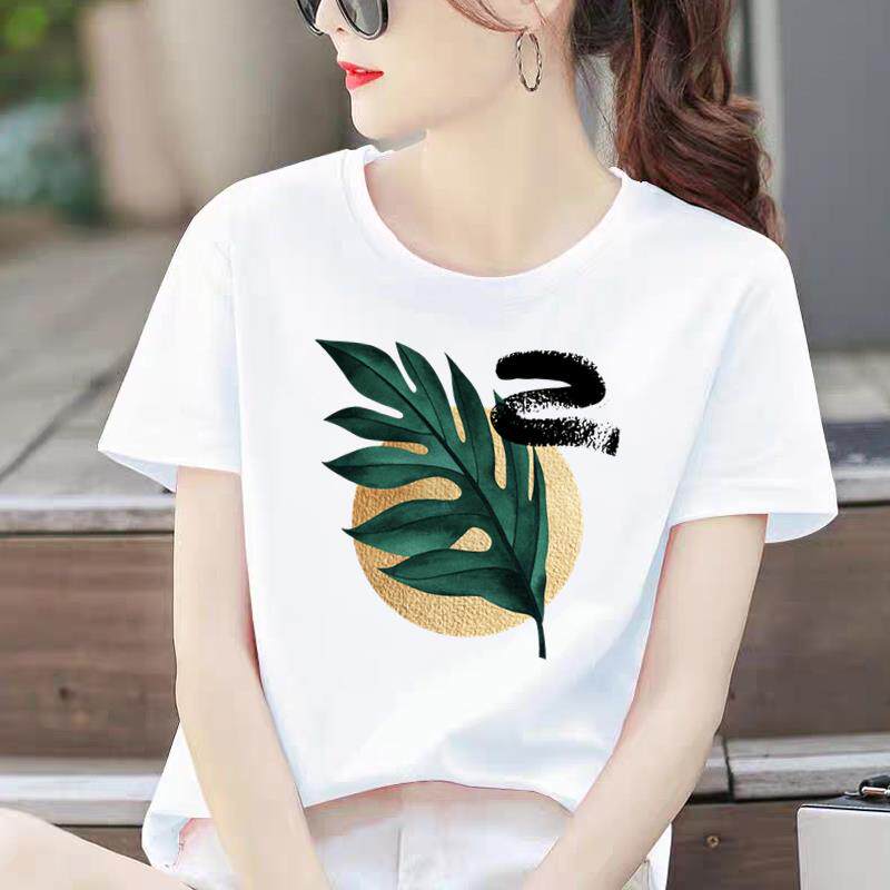 印花外穿休闲通勤新款打底衫时尚洋气几何可爱ins女圆领短袖T恤