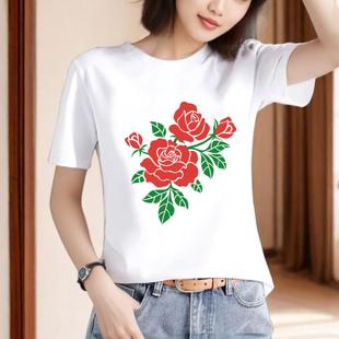 花朵气质可爱休闲通勤印花新款 T恤 上衣外穿时尚 洋气ins女圆领短袖