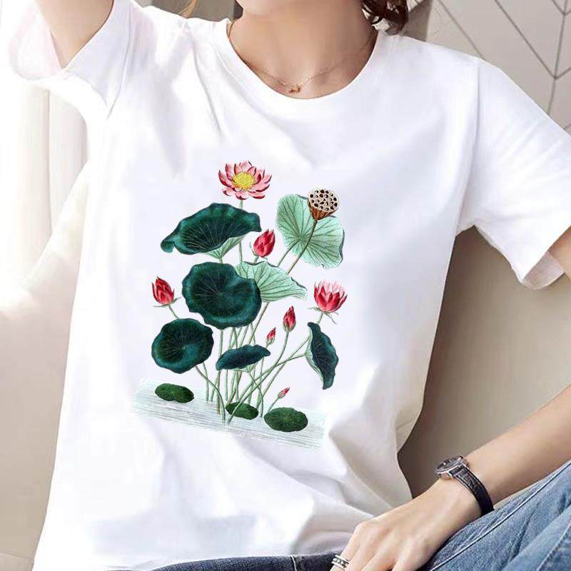 荷花国朝上衣网红时尚洋气ins印花女打底衫圆领休闲通勤短袖T恤