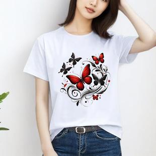 印花新款 T恤 上衣外穿花朵时尚 洋气ins休闲通勤女圆领花卉可爱短袖