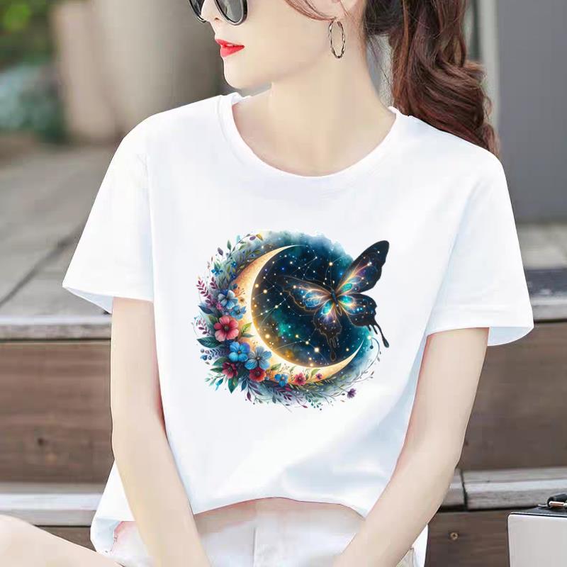 印花新款上衣外穿复古蝴蝶花朵时尚洋气ins休闲通勤女圆领短袖T恤