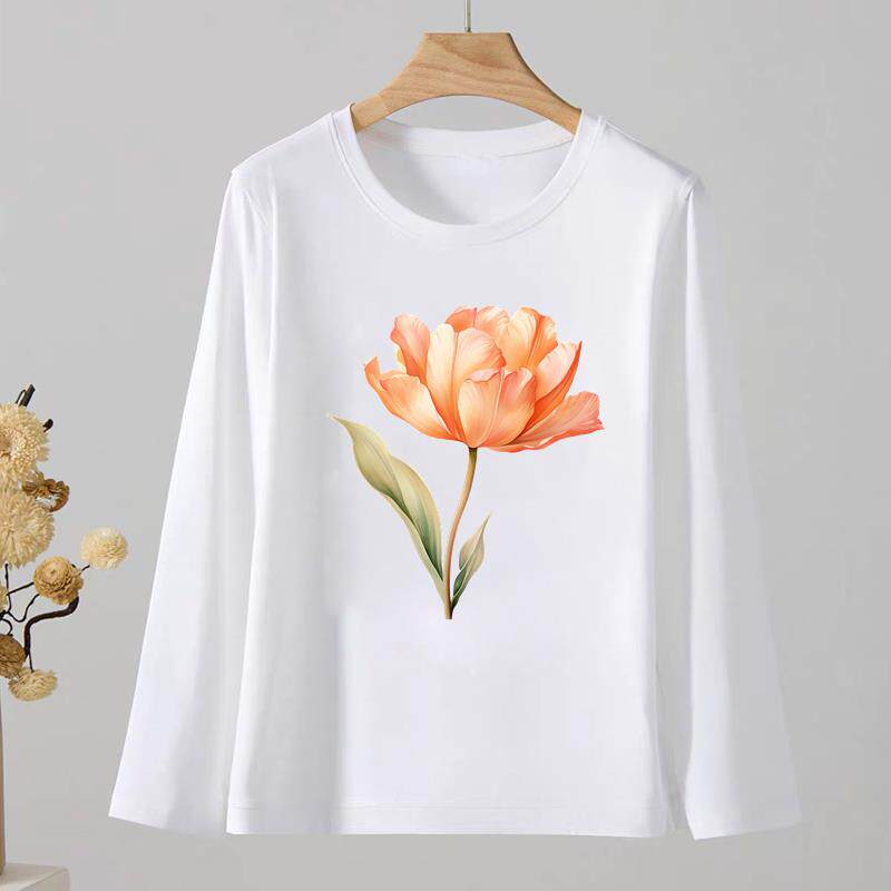美式花卉通勤圆领印花休闲女春秋外穿时尚韩版洋气ins上衣长袖T恤