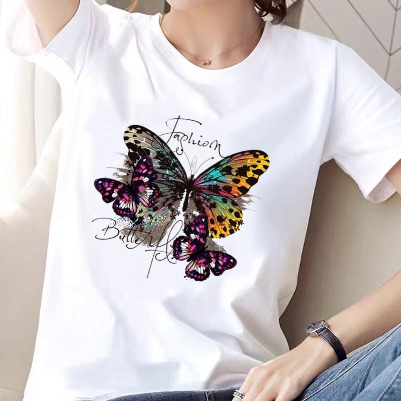 蝴蝶字母上衣网红时尚洋气ins印花女打底衫圆领休闲通勤短袖T恤