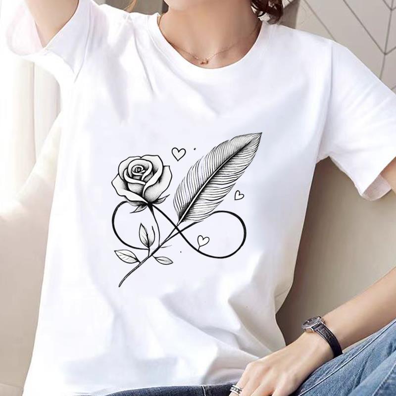休闲通勤印花新款打底衫外穿时尚羽毛花卉洋气ins女圆领短袖T恤
