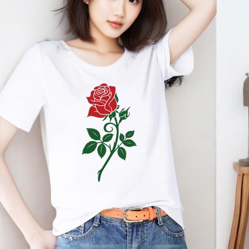 圆领印花打底衫短袖外穿休闲植物花卉通勤新款时尚洋气ins女T恤