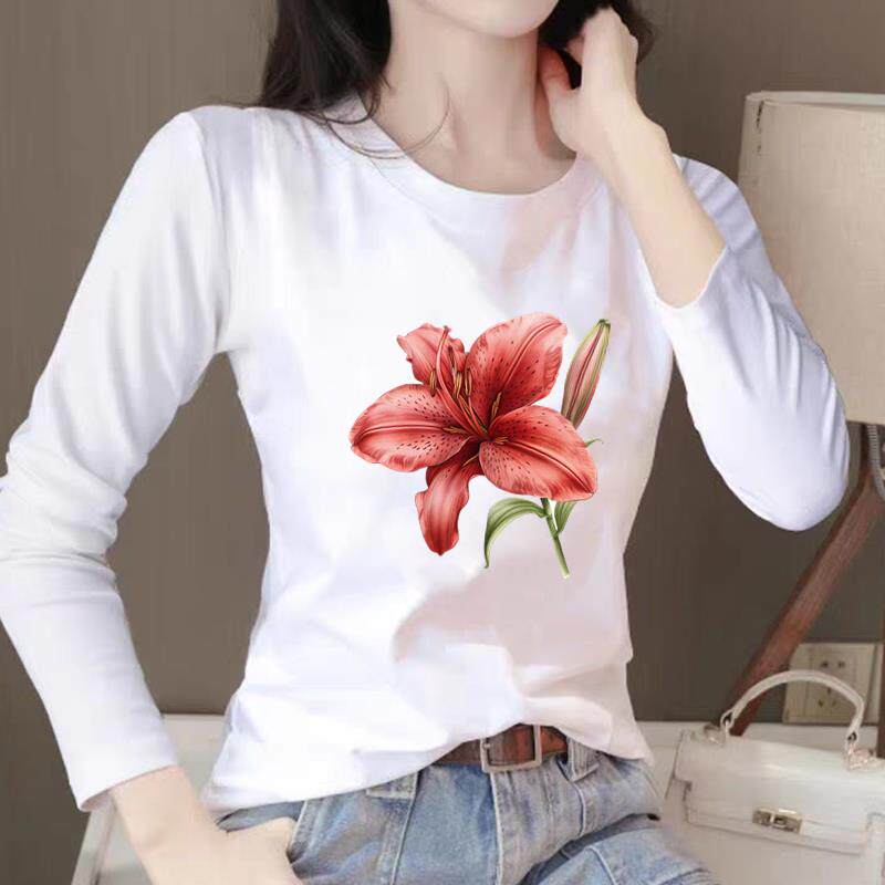 外穿花朵印花休闲女春秋冬季时尚韩版通勤圆领洋气ins上衣长袖T恤