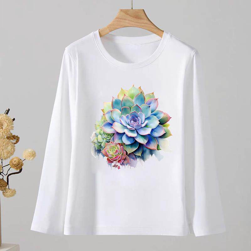 显瘦植物通勤圆领印花休闲女春秋外穿时尚韩版洋气ins上衣长袖T恤