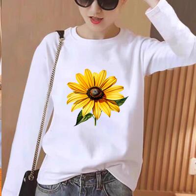 花朵流行女春秋冬季时尚韩版通勤圆领洋气印花休闲ins上衣长袖T恤