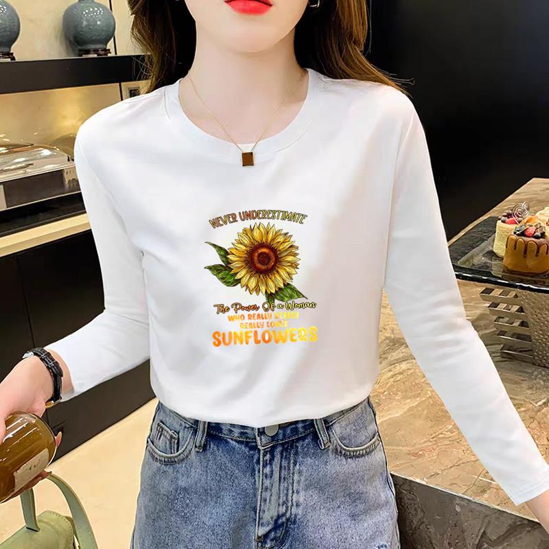 圆领个性花朵韩版通勤女春秋冬季时尚休闲ins洋气印花上衣长袖T恤