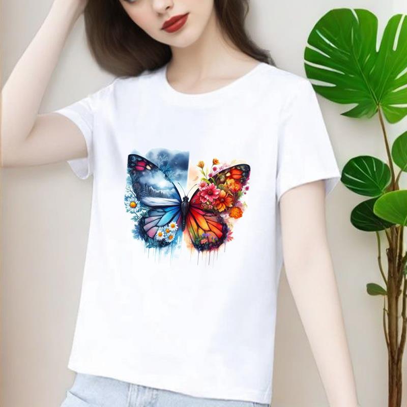 蝴蝶花卉圆领短袖外穿休闲通勤新款印花打底衫时尚洋气ins女T恤