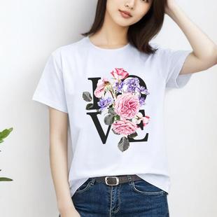休闲通勤印花新款 T恤 上衣外穿字母花朵时尚 洋气ins女圆领短袖