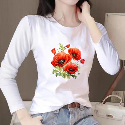 花朵可爱女春秋冬季时尚韩版通勤圆领洋气印花休闲ins上衣长袖T恤