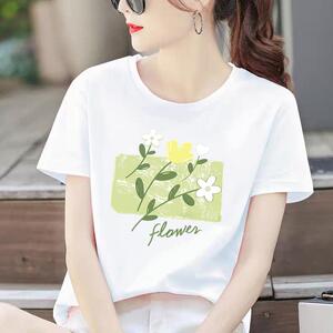 外穿休闲通勤新款印花打底衫时尚显瘦花朵洋气ins女圆领短袖T恤