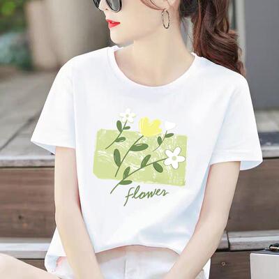 外穿休闲通勤新款印花打底衫时尚显瘦花朵洋气ins女圆领短袖T恤