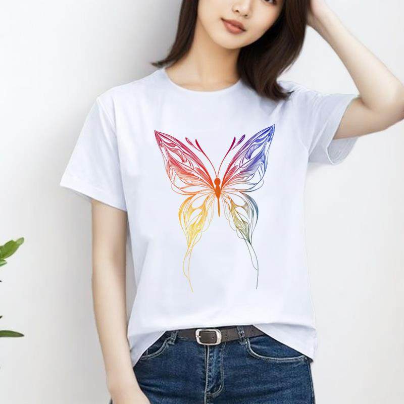 休闲通勤印花新款上衣外穿蝴蝶气质时尚洋气ins女圆领短袖T恤