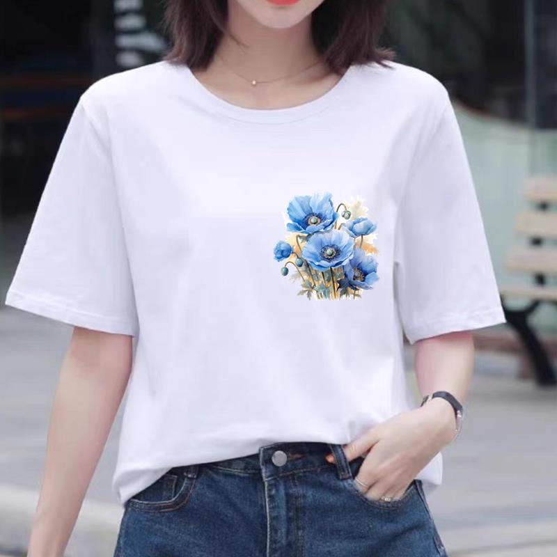 新款白色印花上衣时尚洋气ins网红女夏装圆领韩版休闲通勤短袖T恤