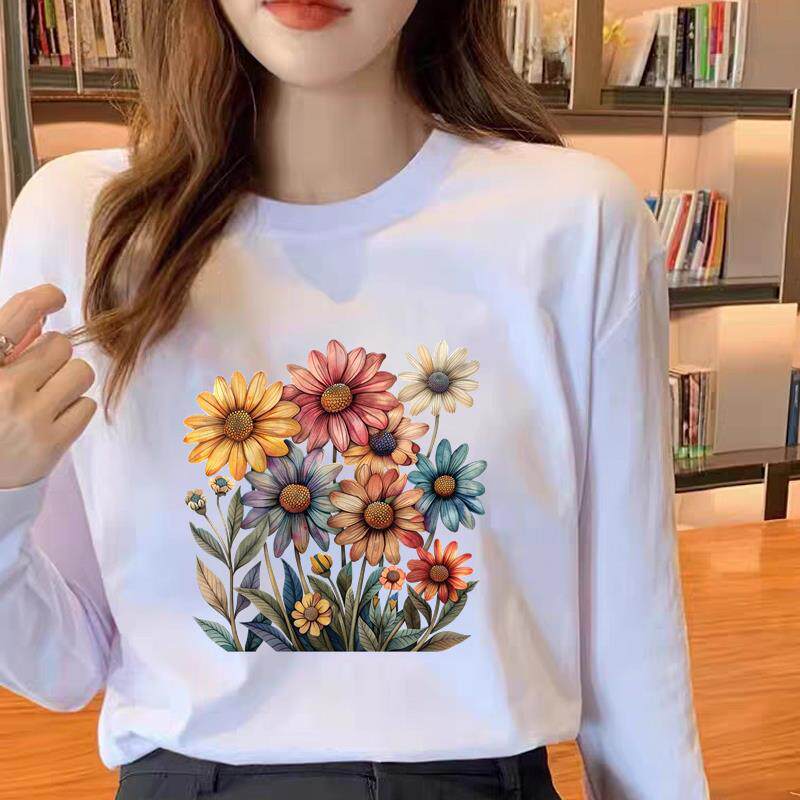 印花文艺花朵休闲女春秋冬季时尚韩版通勤圆领洋气ins上衣长袖T恤