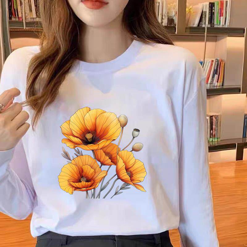 气质花朵韩版通勤圆领洋气印花女春秋冬季时尚休闲ins上衣长袖T恤