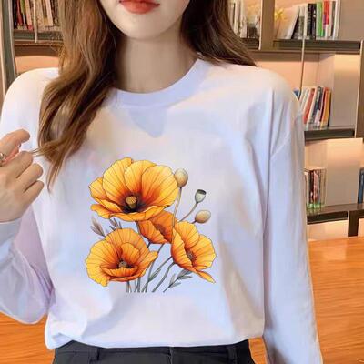 气质花朵韩版通勤圆领洋气印花女春秋冬季时尚休闲ins上衣长袖T恤