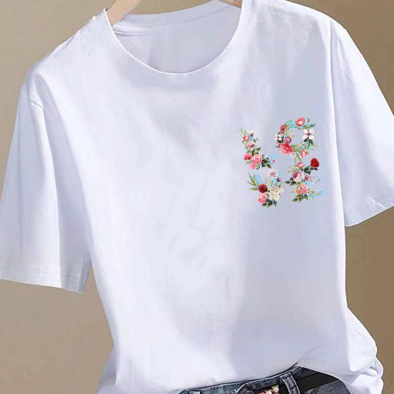 花朵可爱韩版印花上衣圆领女夏装时尚洋气ins网红休闲通勤短袖T恤