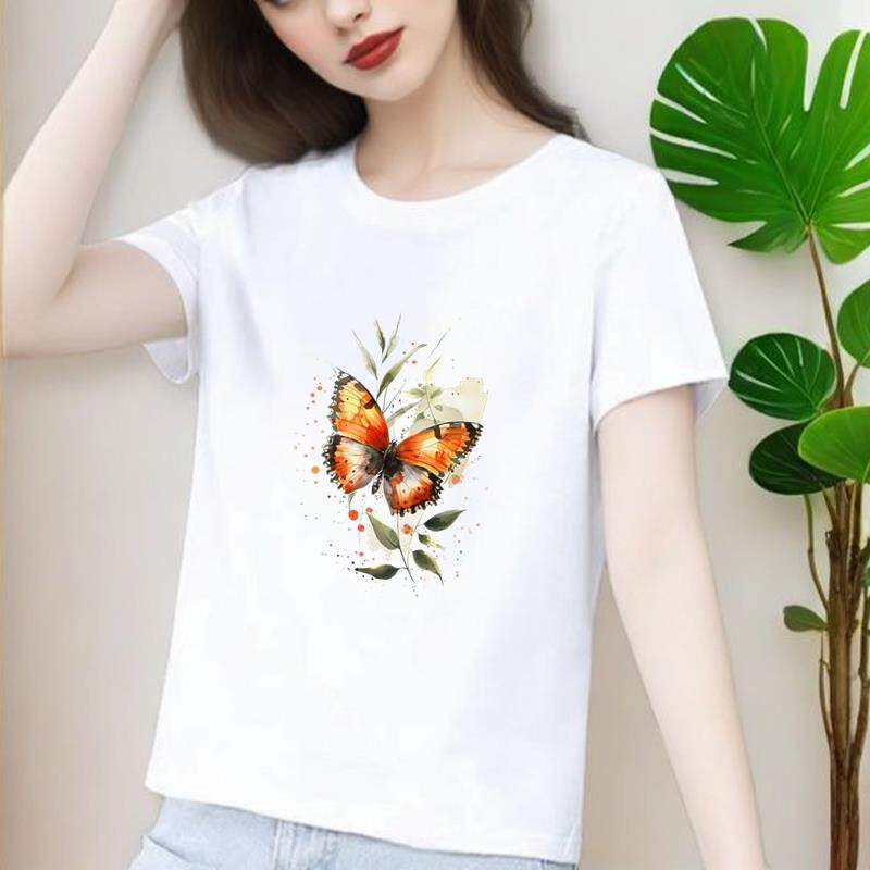 花卉蝴蝶圆领短袖外穿休闲通勤新款印花打底衫时尚洋气ins女T恤