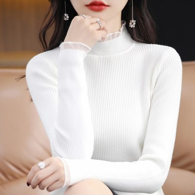 蕾丝边半高领毛衣女内搭修身显瘦秋冬时髦洋气针织衫木耳领打底衫