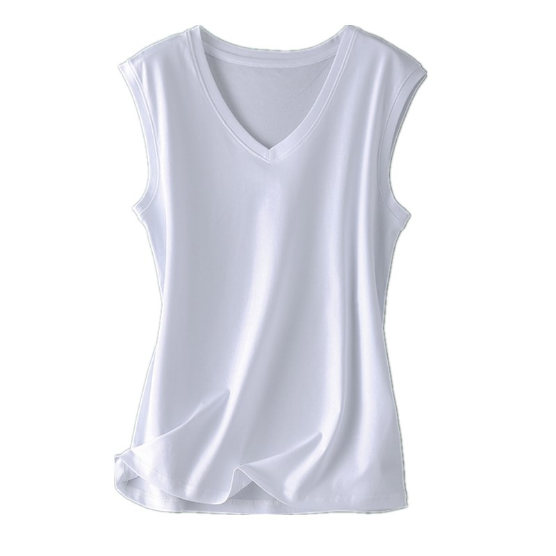 80支双面丝光棉背心无袖上衣t恤女夏季砍袖宽肩宽松V领高端打底衫