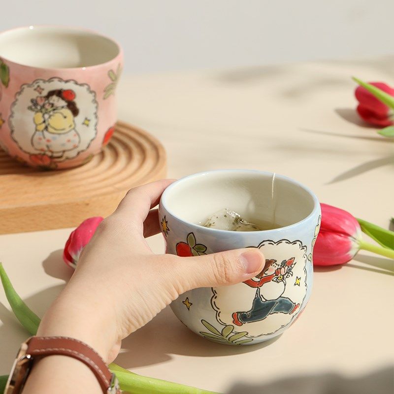 蓝莲花手绘釉下彩手握对杯礼盒套装陶瓷情侣杯一对创意水杯伴手礼